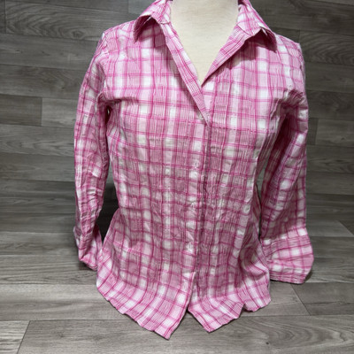 Foxcroft Womens Shirt Sz 2 Fitted Pink Plaid Button Up Pleated Long Sleeve Top