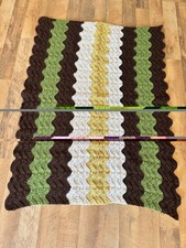 Handmade Crocheted Afghan Throw Brown Green Cream Yellow Ripple 43x34