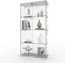 4 Shelves Display Cabinet, Tempered Glass Curio Showcase with LED Light & Lock