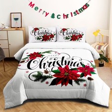 Queen Christmas Comforter Xmas Bedding Set Red Poinsettia Flowers White