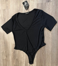 PRETTYLITTLETHING Bodysuit Womens Plus Size 20 Black Rib Plunge Short Sleeve
