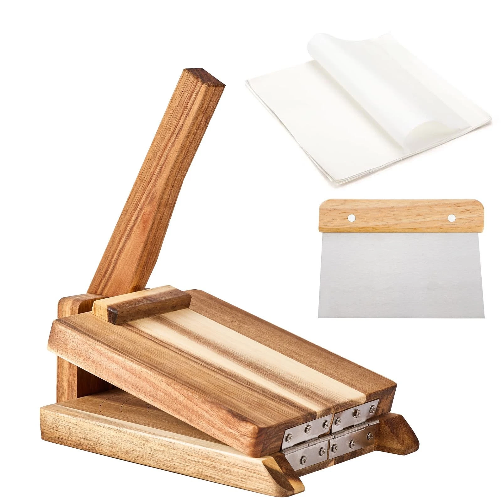 WGLILO Wooden Tortilla Press with 50pcs Parchment Paper & Stainless Steel Dou...