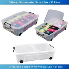 Image of 3 Pack Smart Underbed Clear Plastic Storage Boxes Box & Lid inc Wheels 35 Litre