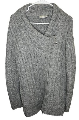 Saol 100% Merino Wool Gray Cable Knit Side Zip Cardigan Sweater Size M Irish