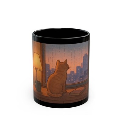 Black Coffee Cup Mug New Lofi Chill Cat Looking Out At Rainy Window