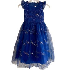 Girls Navy Blue Tulle Lace Floral Party Dress Gold Glitter Flower Girl Gown New