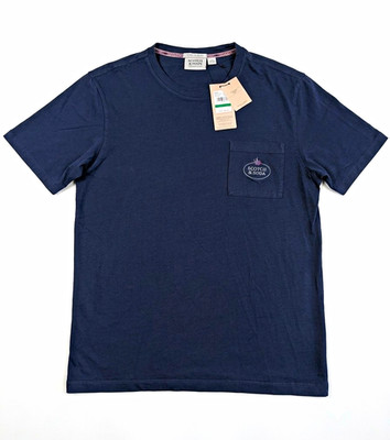 Scotch & Soda Men's Blue Pocket Logo Crew Neck Cotton Jersey T-Shirt L