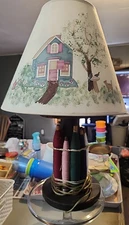 Handmade Folk Art Spool Lamp w/ Hand Painted Cottage Shade – Rustic Primitive Ya