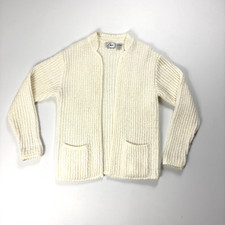 Vintage Womens Open Cardigan Sweater Ivory Cream Sz L Acrylic Pockets Loose Knit