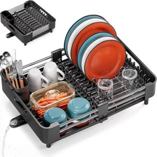 Dish Drying Rack for Kitchen Counter, Extendable Dish Rack with Drainboard, E...