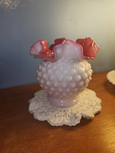 Vintage Fenton Hobnail Cranberry Pink Milk Glass Ruffled Trinket/Candy Dish MCM
