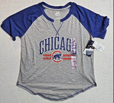 Shirt Official MLB Gray & Blue Chicago Cub's V Neck Women's By Majestic