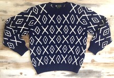 Vintage J Crew 100 Wool Chunky Knit Sweater Navy Blue White XL