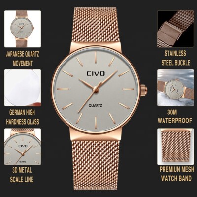 CIVO Women Rose Gold Japan Quartz Movement Stainless Steel Mesh Band Wrist Watch