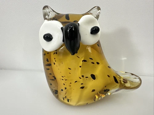 Owl Figurine Hand Blown Art Glass Black Gold White / Murano Style