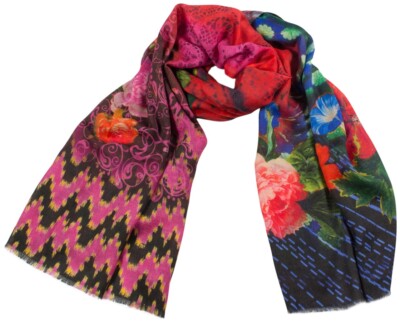 Women's Scarf Print Shawl 100% Wool Printed Floral Pink, Red Blue Multicolor