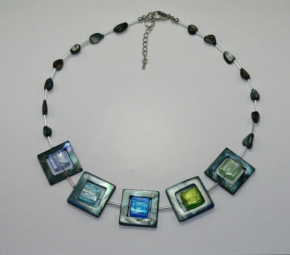 Halskette Perlmutt Muschel grau Glas Perlen Lampwork Murano Art blau grün 278 - Bild 2 von 4