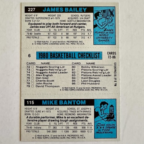 1980-81 Topps Basketball HOF Adrian Dantley/Mike Bantom/Bailey/#115/6/227 Ex++ - Picture 2 of 2