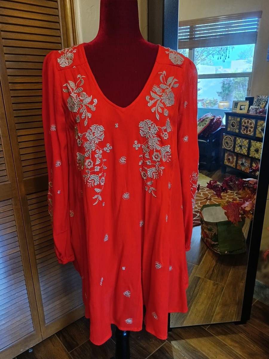 red long sleeve tunic dress Sail to Sable RED Lurex Long Sleeve Tunic Flare Dress RED TROPICAL BLOCK PRINT / XXL / H25303