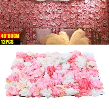 12Pc Artificial Silk Rose Flower Wall Panels Home Wedding Party Floral Decor DIY