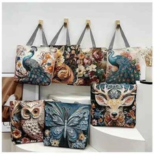 Floral Animal Print Tapestry Tote Bag Peacock, Owl, Butterfly, Deer Hand