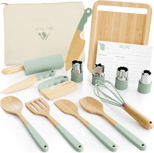 Wooden Cooking  Baking Set for Kids, Safe  Real Kitchen Tools Give Toddlers