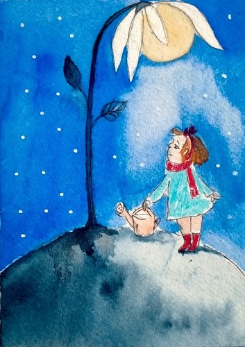 ACEO Original Watercolour Dreams, Fantasy, Girl, Imagination,Night,Moon