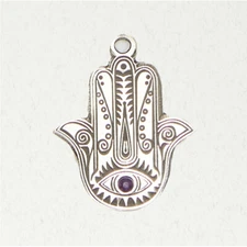 Hamsa w/ Moonstone-Pewter Judaic Religion Hand of Fatima Silver Pewter Pendant 