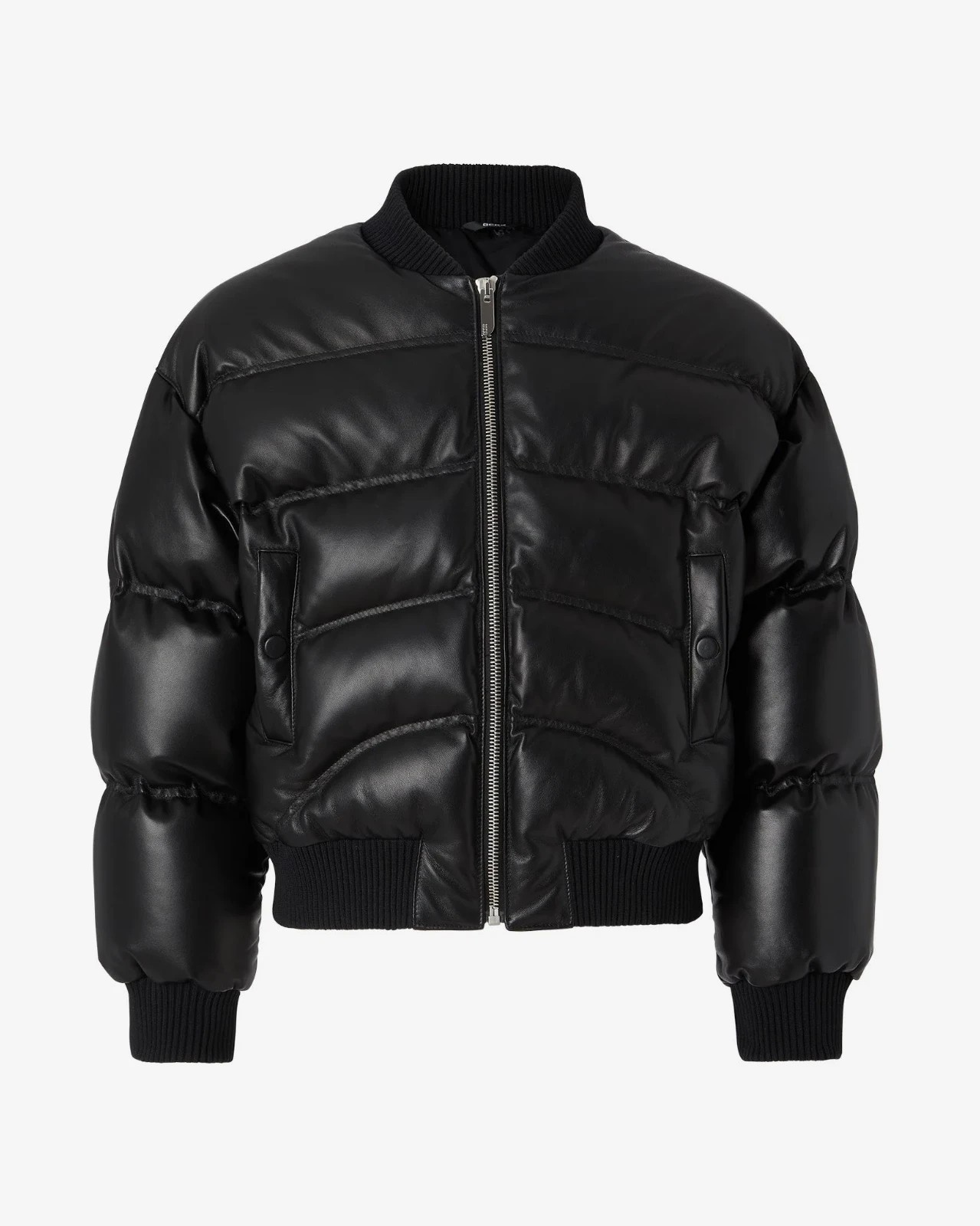 Men’s Puffer Bomber Quilted Genuine Sheepskin Leather Jacket Black Rib Waist