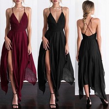 Womens Boho Loose Cozy Strap Long Beach Summer Deep V Dress Backless Maxi Dress