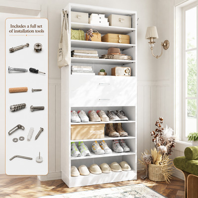 80'' Tall Shoe Cabinet w/ 2 Drawers, 10-Tier Shoe Rack for 24-28 Pairs