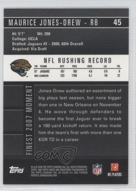 2008 Topps Finest Maurice Jones-Drew #45 - Image 2 of 2