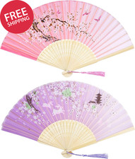 2 Pieces Handheld Fans Silk Folding with Frames for Dancing Cosplay Wedding Part