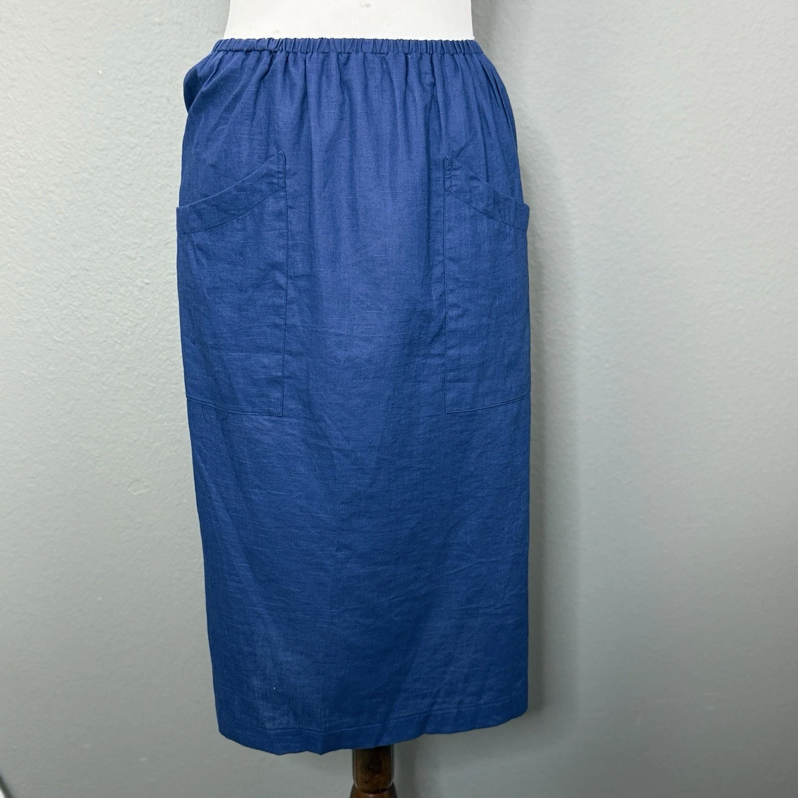 Reformation Navy Blue Linen Skirt Sz M Front Pockets Elastic Waist Minimalist