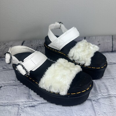 Dr Martens Sandals Voss Quad Fluffy White Leather Heart Buckles Womens US 6