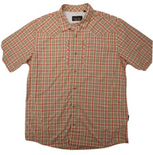 Orvis Shirt Mens Medium Coral Trout Bum Plaid Classic Short Sleeve SS Logos