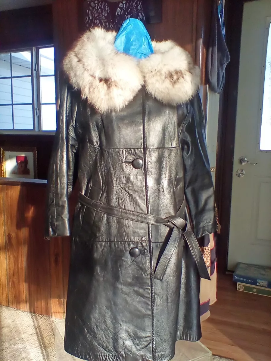 VINTAGE 70s Leather Trench coat Womens M 21