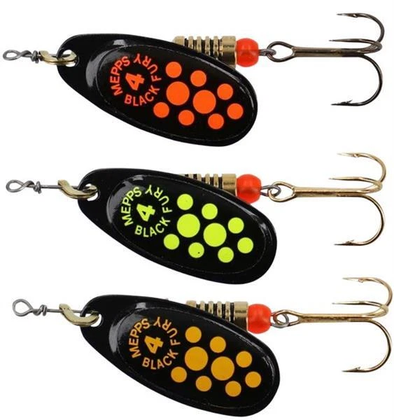 Mepps BLACK FURY Spinner 3,5g 4,5g 6,5g 8g Gr.1-4 black yellow chart orange dots