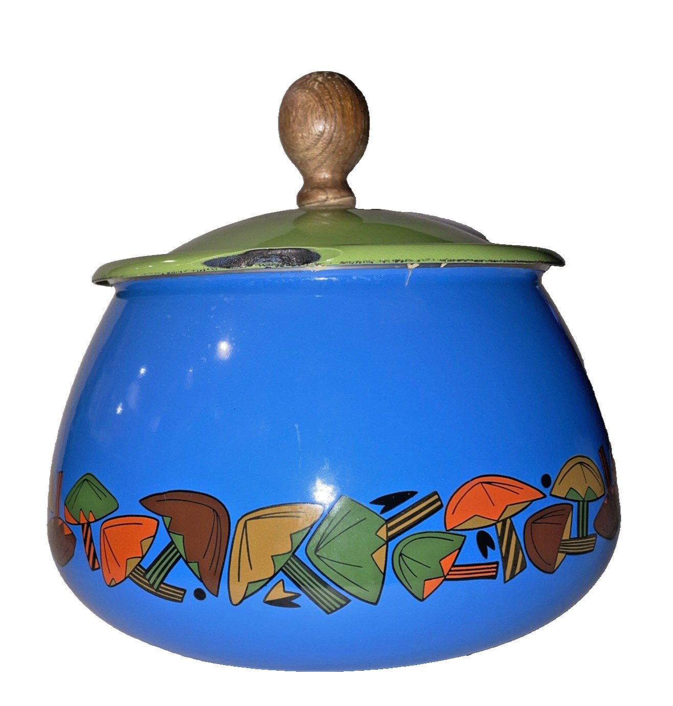 Mid Century Porcelain Enamel Fondue Set Mushrooms Blue and Green SEE Description
