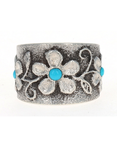 Tufa Cast Flower Ring With Natural Lone Mountain Turquoise By Rebecca T. Begay - Picture 3 of 6
