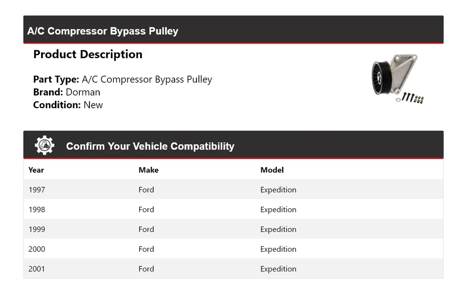 Обходной шкив компрессора кондиционера для Ford Expedition Dorman 1997-2001 годов выпуска 1998 1999 2000 годов выпуска - Изображение 2 из 4