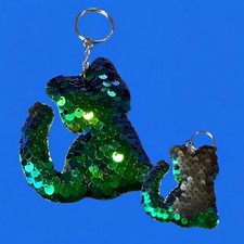 Cat Sequins Keychain Green Kitty Keyring Kitten Gold Double Side Black Cute New