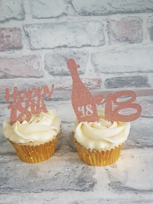 12 Rose Gold Happy 18th Birthday Cupcake Toppers ,4 Of Each
