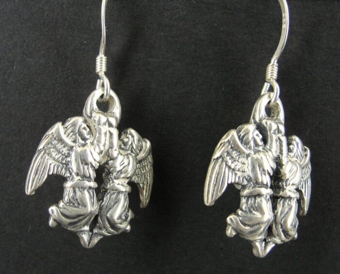 Earrings Silver Two Angels Holding onto Ring Sterling 925 Pierced ...