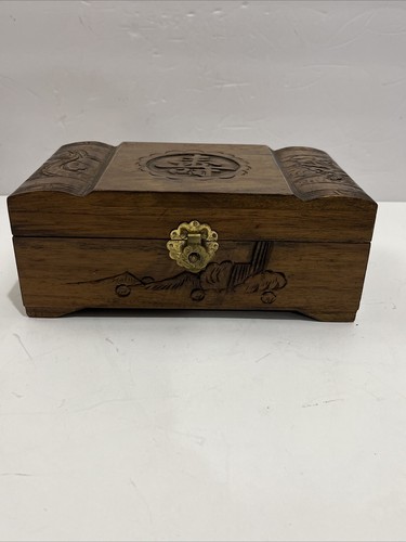 Vintage Hand Carved Asian Dragons Wood Jewelry Trinket Box With Mirror! - Picture 10 of 15