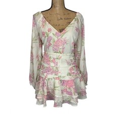Showpo White Pink Floral Long Sleeve Mini Dress Ruched Waist Coquette Size 6