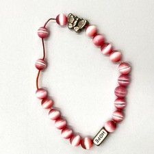 VTG Retro Pink Cat's Eye Fiber Optic Bead Bracelet - Butterfly & "HOPE" Charms