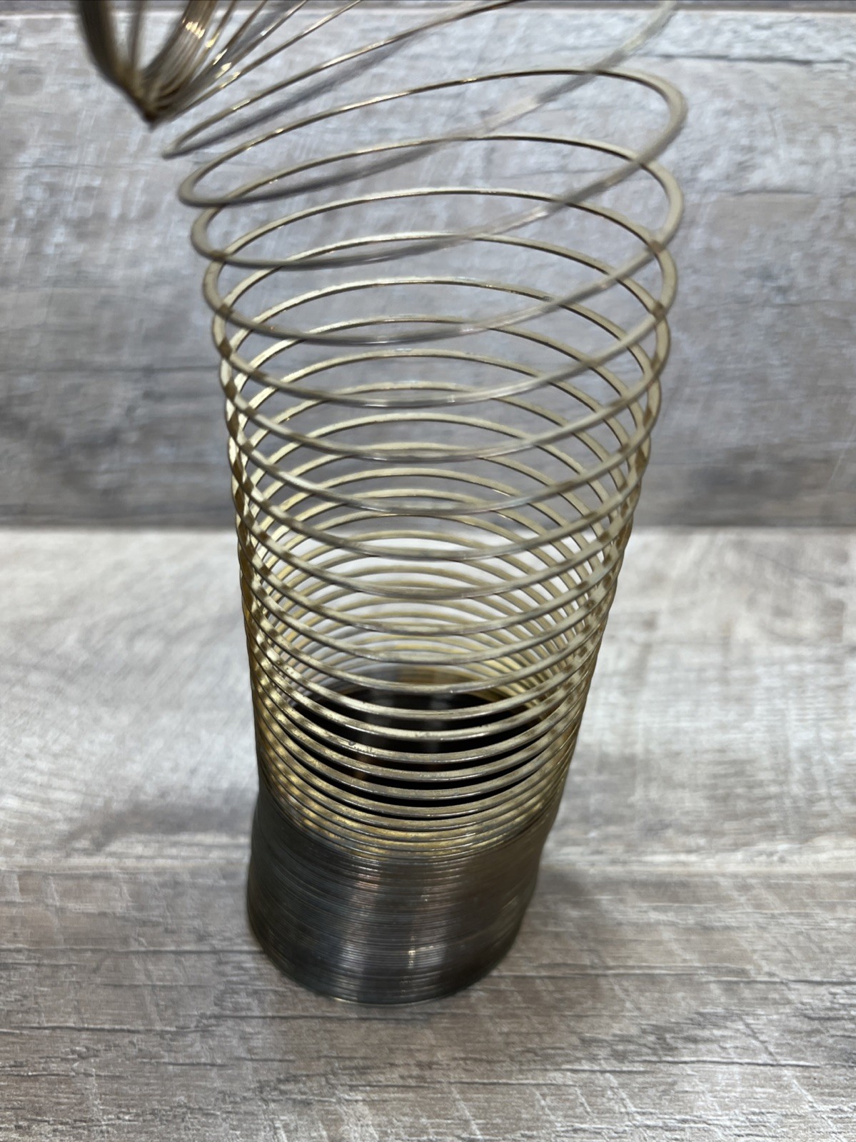 Vintage Metal Gold Toned Slinky & Wooden Tray Holder - Rare Estate Find!