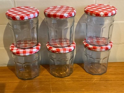 6 x LEERE BONNE MAMAN 370g GLÄSER MIT ROTEN KARODECKELN SAUBER & ETIKETT FREI