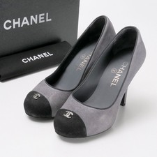 CHANEL pumps Size 35 1/2C CC Logo COCO Mark Shoes Escarpins Suede Leather Gr...